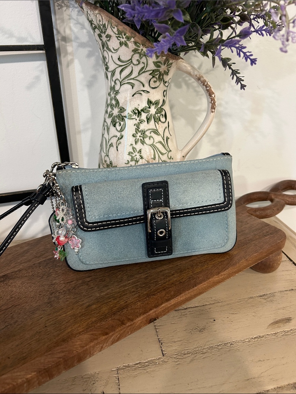 Coach Light Blue Suede Wristlet with Black Trim